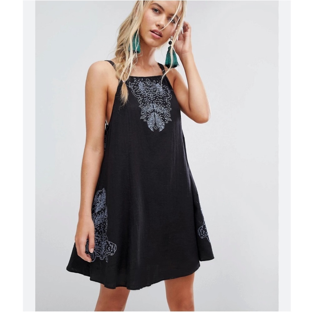 Free People Black Mini Dress with Light Gray Embroidery
